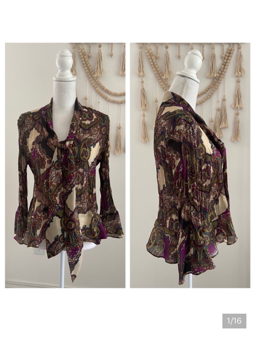 Vintage paisley blouse scarf tie neck sheer patterned top large Allison taylor